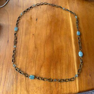 Antique Brass Chain Necklace Blue Beads 34 inches